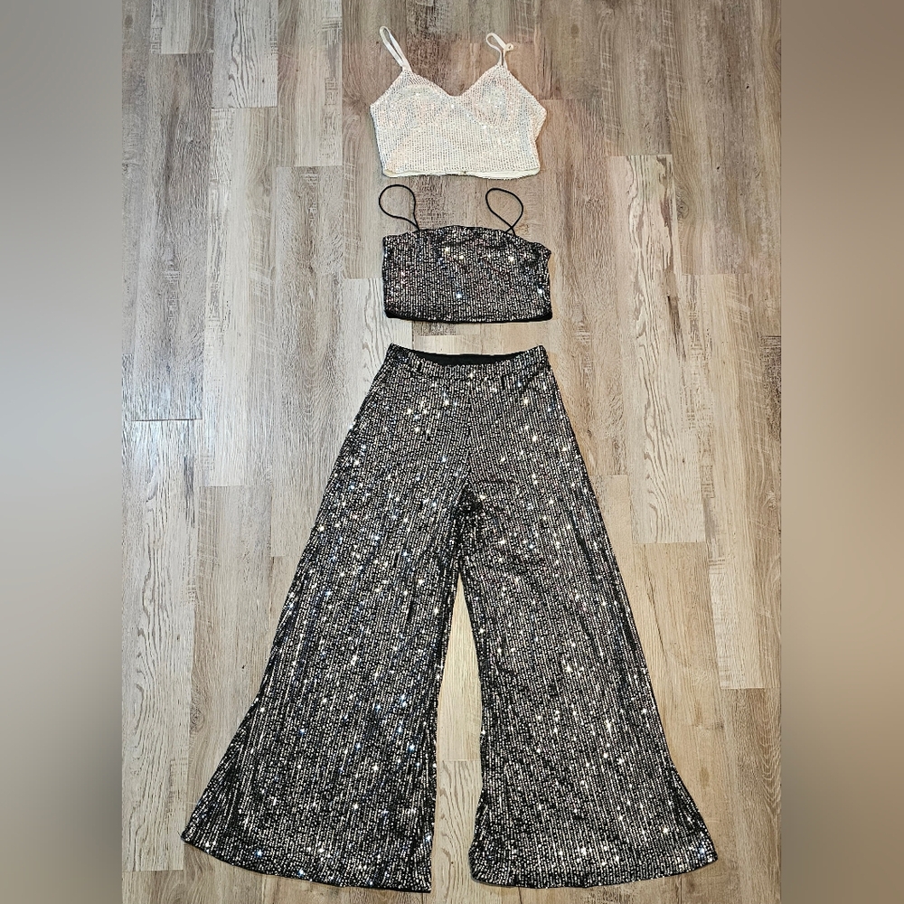 3 piece Women Crop Sequin Cami & Wide Leg Pants